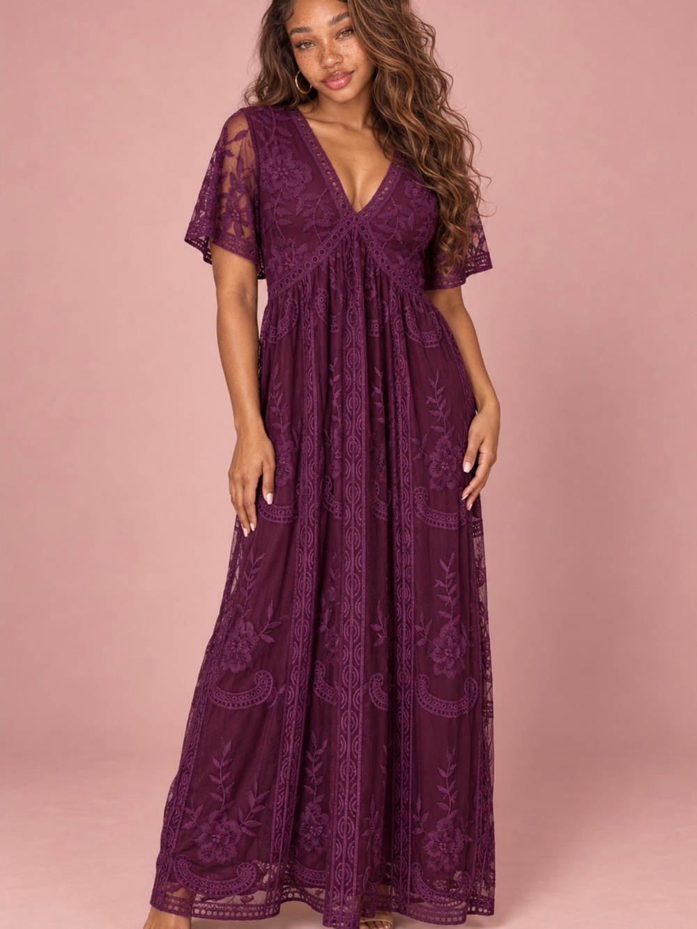 Blush Plum Purple Embroidered Lace Maxi Dress — Size Large